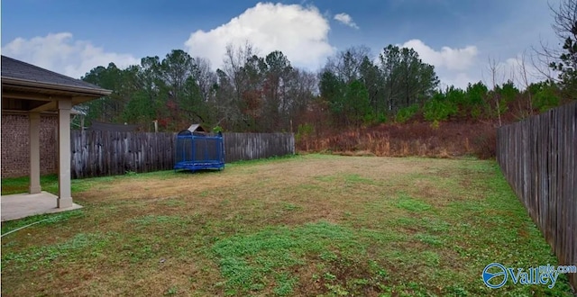 view of yard featuring a patio, a trampoline, and a fenced backyard