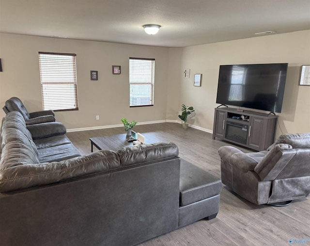 living room with baseboards and wood finished floors