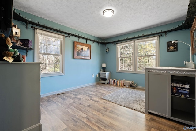 interior space with wood-type flooring and a textured ceiling