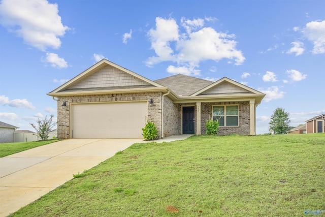 view of front of home featuring a front lawn, brick siding, driveway, and an attached garage