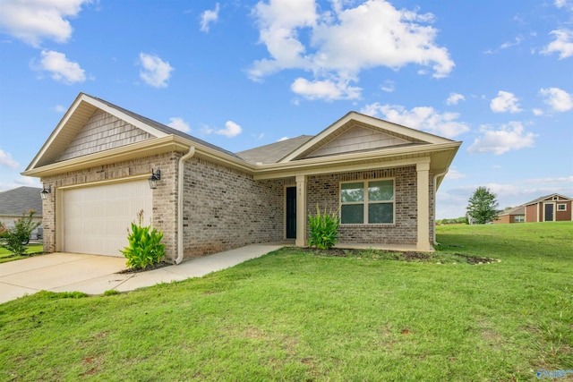 ranch-style home featuring a garage and a front lawn