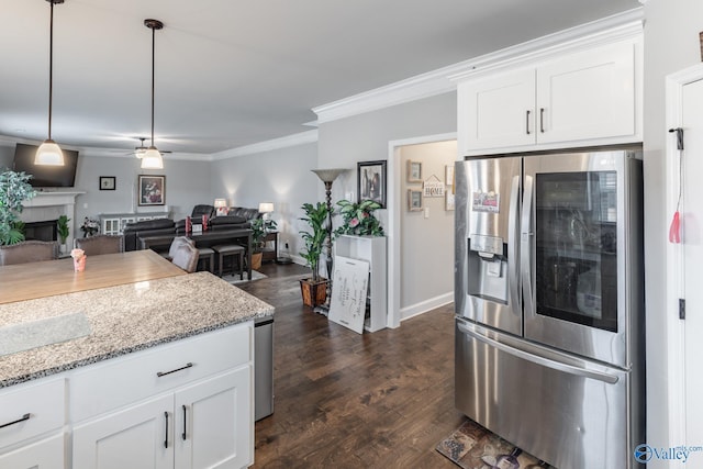 kitchen with white cabinets, dark hardwood / wood-style flooring, crown molding, stainless steel refrigerator with ice dispenser, and light stone countertops