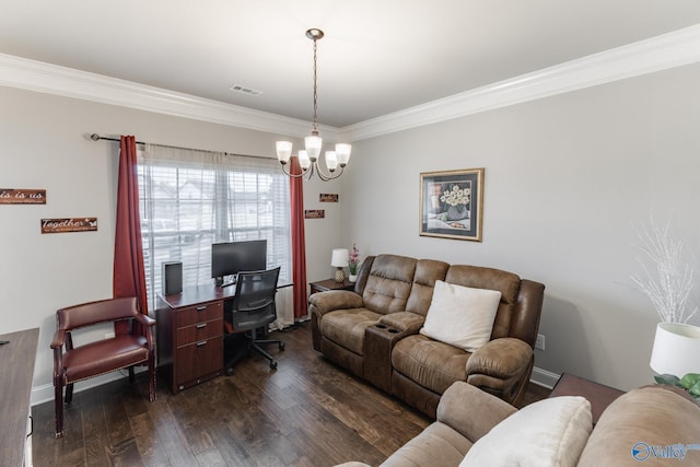 living room with crown molding, dark hardwood / wood-style floors, and a notable chandelier