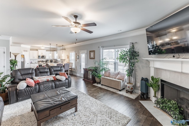 living room featuring crown molding, a fireplace, dark hardwood / wood-style flooring, and ceiling fan