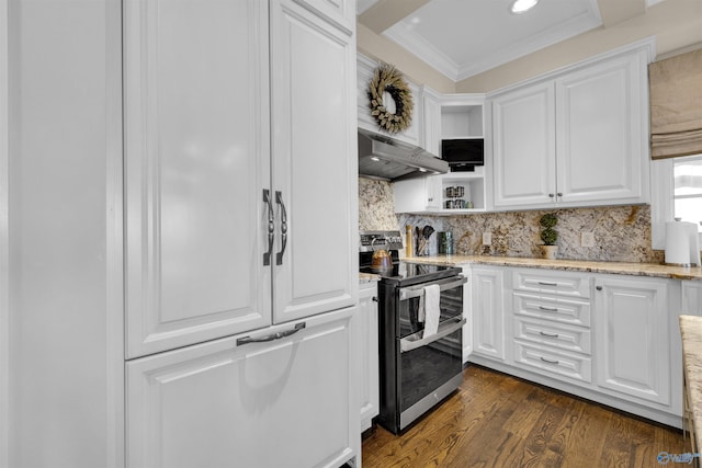 kitchen with under cabinet range hood, double oven range, ornamental molding, white cabinetry, and open shelves