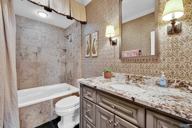 full bathroom with toilet, ornamental molding, tiled shower / bath combo, wallpapered walls, and vanity