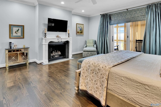 bedroom with access to outside, wood finished floors, baseboards, and ornamental molding