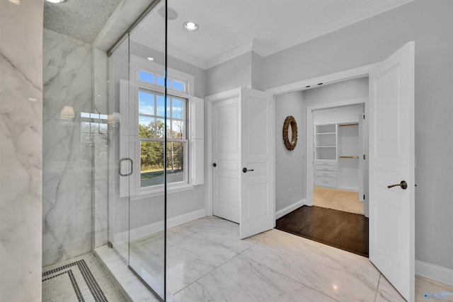 full bath featuring baseboards, a marble finish shower, recessed lighting, crown molding, and marble finish floor