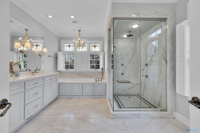 bathroom featuring an inviting chandelier, crown molding, marble finish floor, and a marble finish shower