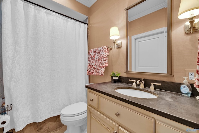 bathroom featuring vanity, curtained shower, and toilet