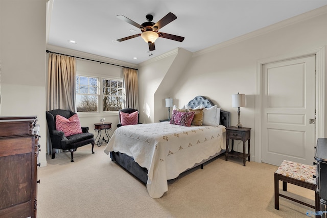 bedroom featuring recessed lighting, light carpet, ornamental molding, and a ceiling fan