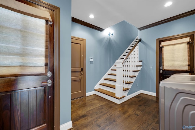 entrance foyer with stairs, crown molding, dark wood-style floors, and baseboards