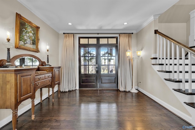 foyer featuring stairway, dark wood-style floors, baseboards, french doors, and crown molding