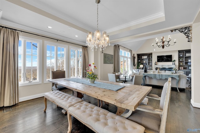 dining room with dark wood-type flooring, baseboards, a chandelier, and ornamental molding