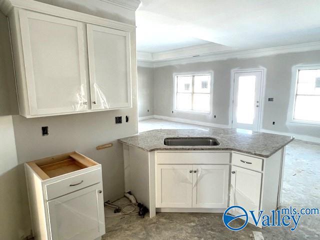 kitchen with light stone countertops, white cabinetry, crown molding, and sink