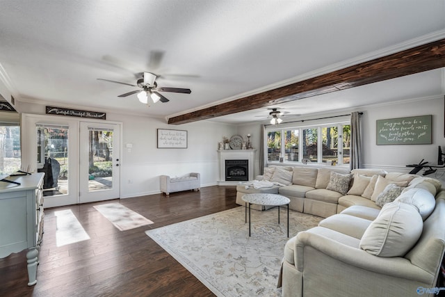 living room featuring ceiling fan, beam ceiling, crown molding, and dark wood-type flooring