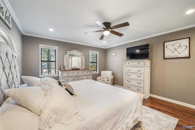 bedroom featuring ceiling fan, ornamental molding, and dark wood-type flooring