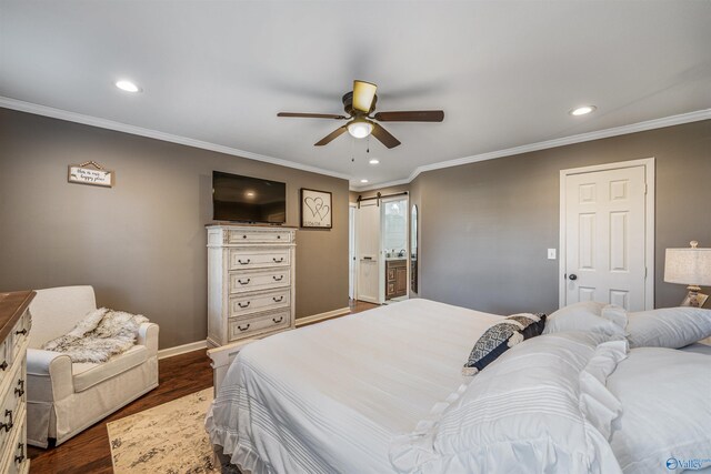 bedroom featuring ceiling fan, dark hardwood / wood-style flooring, and ornamental molding