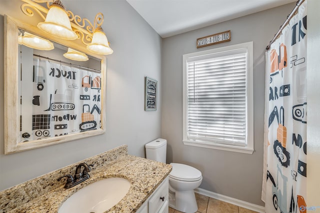 bathroom featuring tile patterned floors, vanity, toilet, and a shower with shower curtain