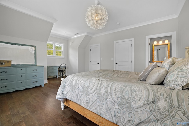 bedroom with crown molding, a chandelier, and dark wood finished floors