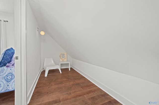 additional living space featuring dark wood-style floors, vaulted ceiling, and baseboards