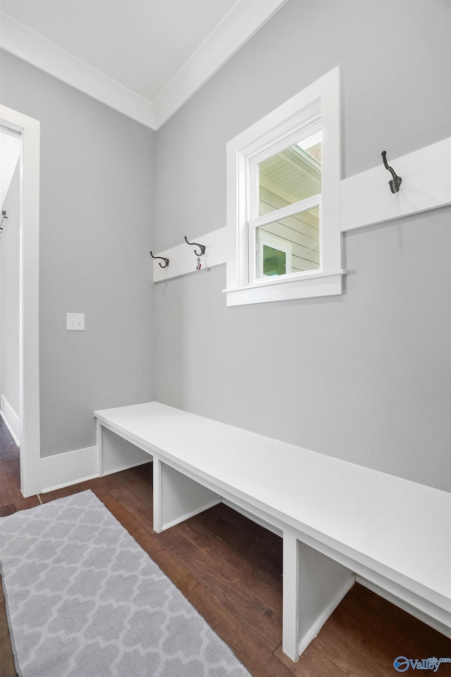 mudroom featuring dark wood-type flooring, ornamental molding, and baseboards