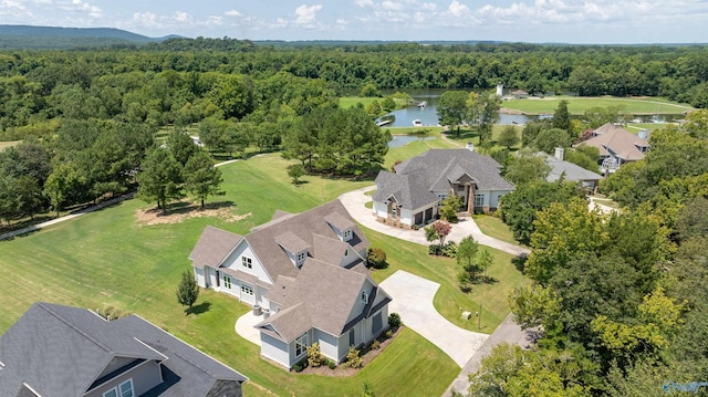 bird's eye view with a water view and a view of trees