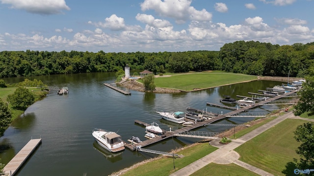 view of water feature with a forest view and a boat dock