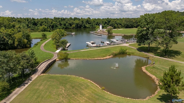 birds eye view of property featuring a water view and a forest view