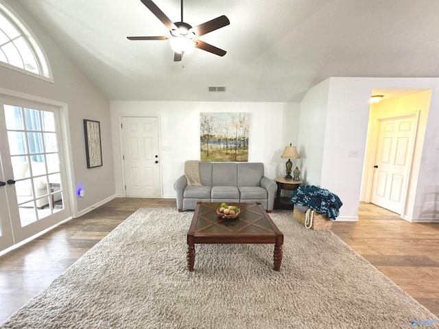 2072 Madison Villas Way Unit 2072, Madison, AL 35758 - living area with wood finished floors, a ceiling fan, baseboards, and high vaulted ceiling