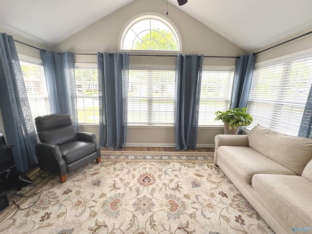 2072 Madison Villas Way Unit 2072, Madison, AL 35758 - sitting room with vaulted ceiling, ceiling fan, a textured ceiling, wood finished floors, and baseboards