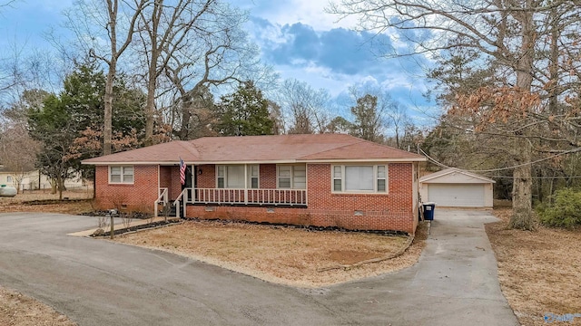 6670 Moores Mill Rd, Huntsville, AL 35811 - ranch-style house with an outdoor structure, covered porch, brick siding, crawl space, and a detached garage