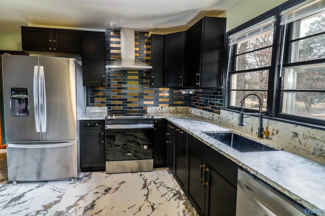 6670 Moores Mill Rd, Huntsville, AL 35811 - kitchen with wall chimney range hood, stainless steel appliances, dark cabinets, and a sink