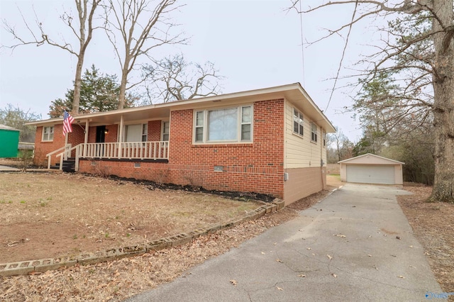 6670 Moores Mill Rd, Huntsville, AL 35811 - ranch-style house with an outdoor structure, a garage, covered porch, brick siding, and crawl space