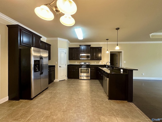 kitchen featuring hanging light fixtures, kitchen peninsula, crown molding, light tile patterned floors, and appliances with stainless steel finishes