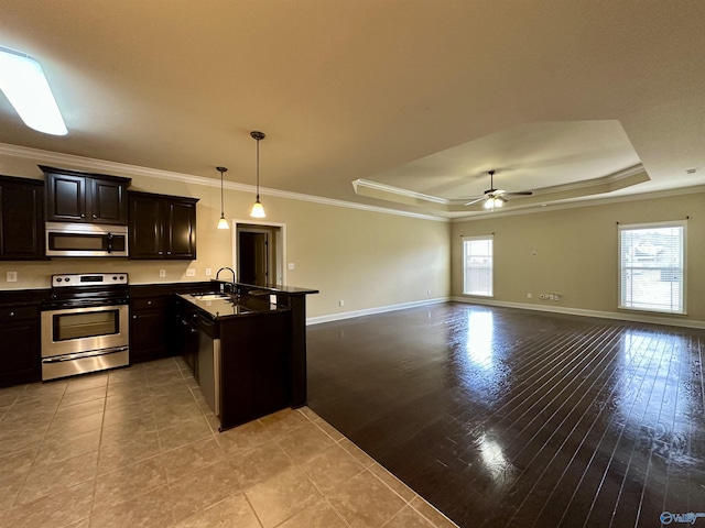 kitchen with kitchen peninsula, appliances with stainless steel finishes, a raised ceiling, sink, and decorative light fixtures