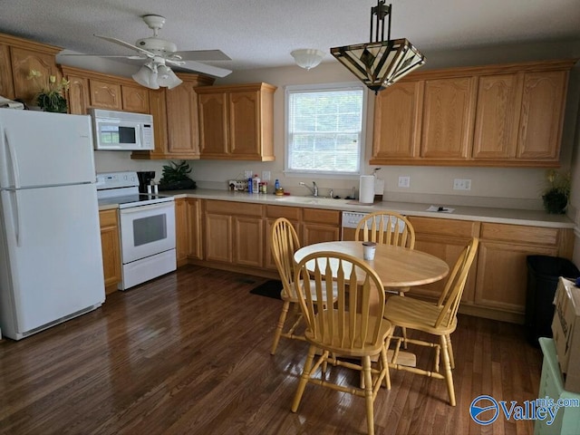 kitchen with decorative light fixtures, ceiling fan, white appliances, sink, and dark hardwood / wood-style floors