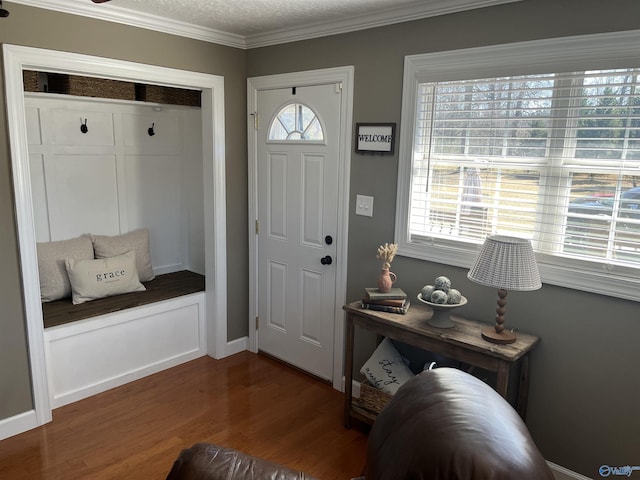 mudroom featuring a textured ceiling, dark wood-type flooring, and crown molding