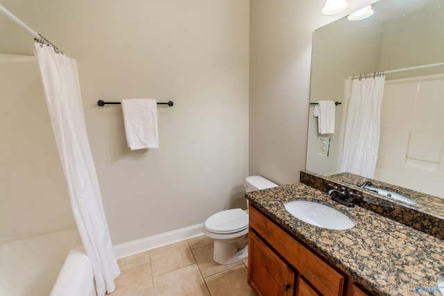 full bathroom featuring toilet, tile patterned flooring, shower / bath combination with curtain, and vanity