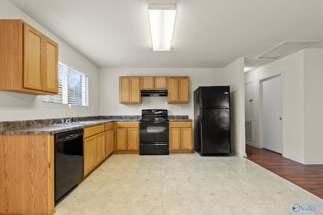 kitchen with sink, light hardwood / wood-style flooring, and black appliances