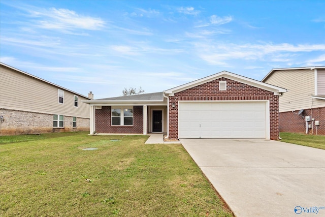 ranch-style home with a front lawn and a garage