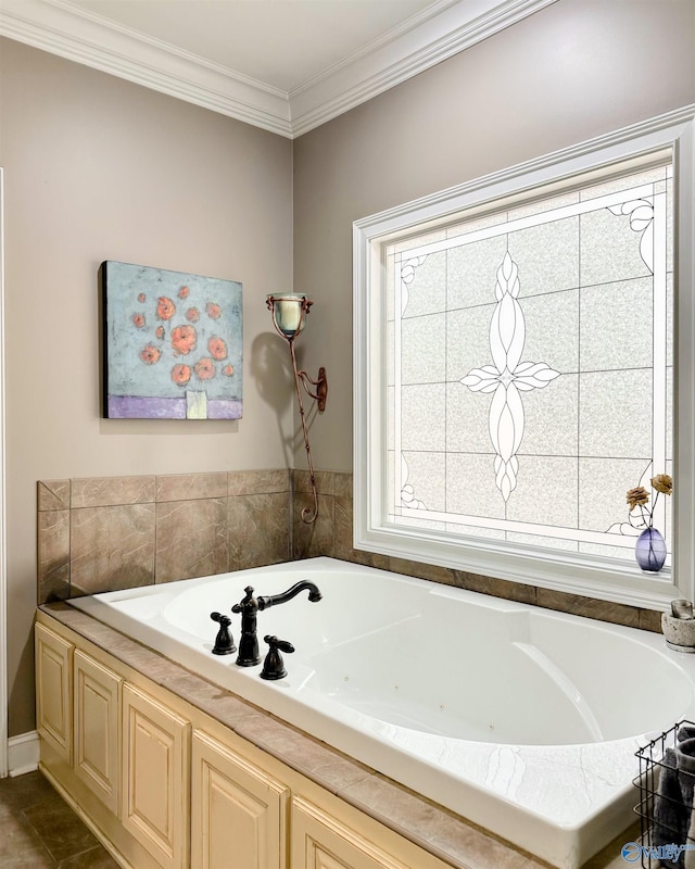 bathroom with tile patterned floors, ornamental molding, and a bath