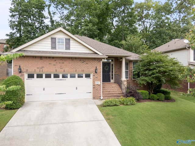 6807 Breyerton Way SE, Owens Cross Roads, AL 35763 - ranch-style house with a front yard, driveway, brick siding, a garage, and a shingled roof