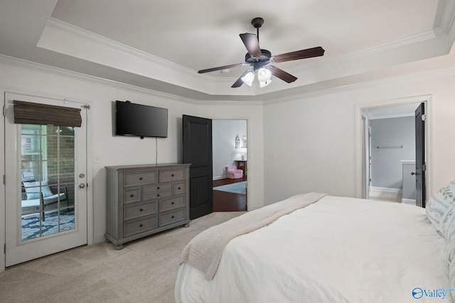 6807 Breyerton Way SE, Owens Cross Roads, AL 35763 - bedroom featuring a tray ceiling, access to exterior, ornamental molding, light carpet, and ceiling fan