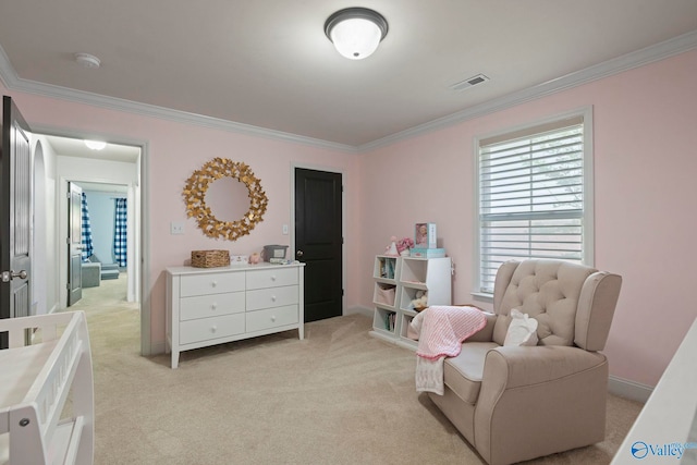 6807 Breyerton Way SE, Owens Cross Roads, AL 35763 - living area featuring ornamental molding, light carpet, and baseboards