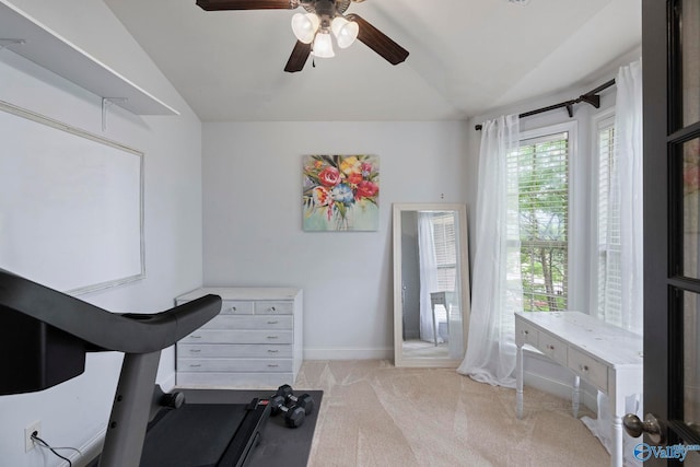 6807 Breyerton Way SE, Owens Cross Roads, AL 35763 - exercise area with lofted ceiling, carpet, a ceiling fan, and baseboards