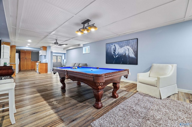 game room with ceiling fan, light hardwood / wood-style floors, and billiards