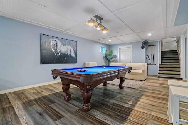 game room with billiards and hardwood / wood-style floors