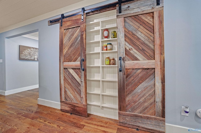 details featuring hardwood / wood-style floors and a barn door