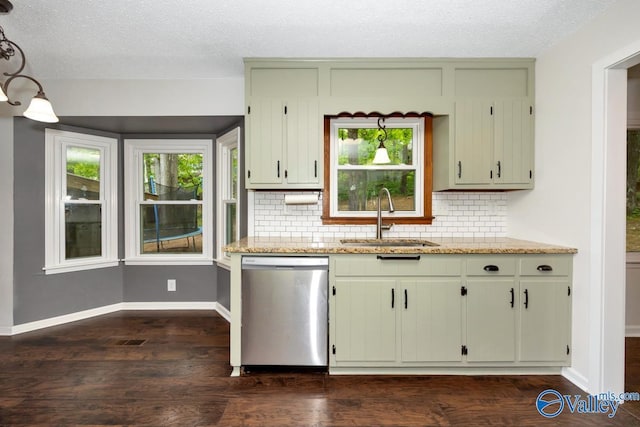 kitchen with a sink, dishwasher, backsplash, baseboards, and dark wood-style flooring